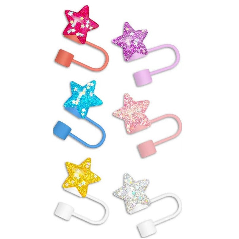 Wholesale 6pcs/pack Resin glitter heart silicone straw cap cup accessories